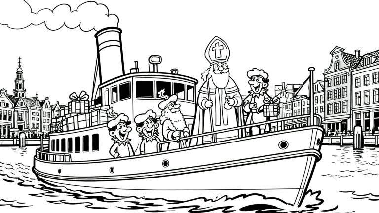 Kleurplaat van Sinterklaas op zijn stoomboot vol cadeaus, omringd door Pieten, varend door een Nederlandse stad met grachtenpanden en kerktoren.
