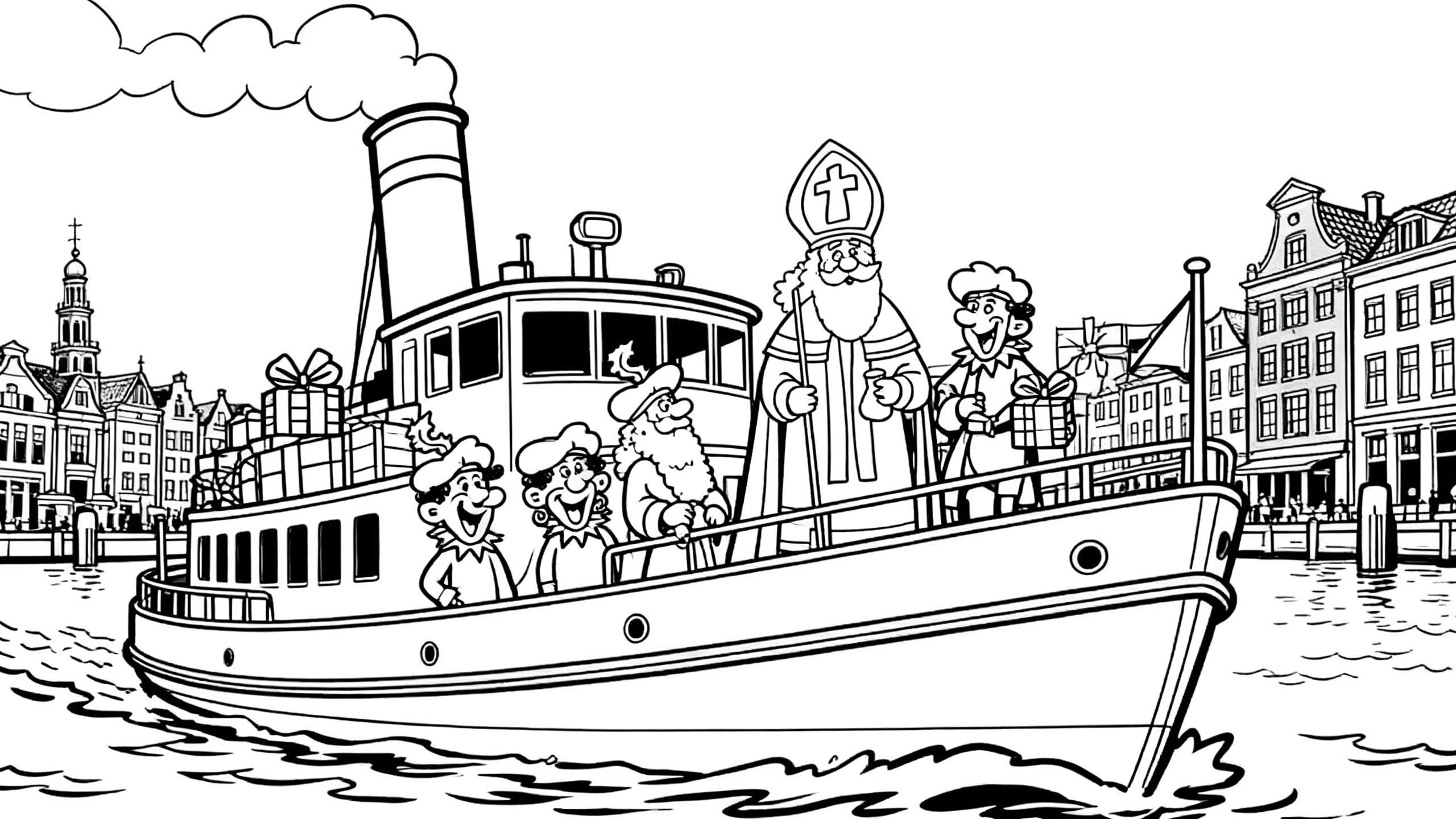Kleurplaat van Sinterklaas op zijn stoomboot vol cadeaus, omringd door Pieten, varend door een Nederlandse stad met grachtenpanden en kerktoren.