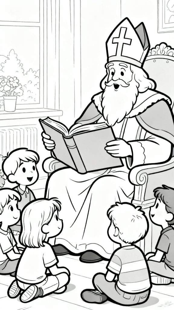 Zwart-wit kleurplaat van Sinterklaas die in een fauteuil zit en een open boek voorleest aan zes aandachtig luisterende kinderen die op de grond zitten. De kamer heeft een raam met bloemen en een radiator.