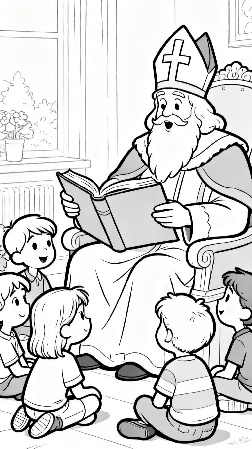 Zwart-wit kleurplaat van Sinterklaas die in een fauteuil zit en een open boek voorleest aan zes aandachtig luisterende kinderen die op de grond zitten. De kamer heeft een raam met bloemen en een radiator.