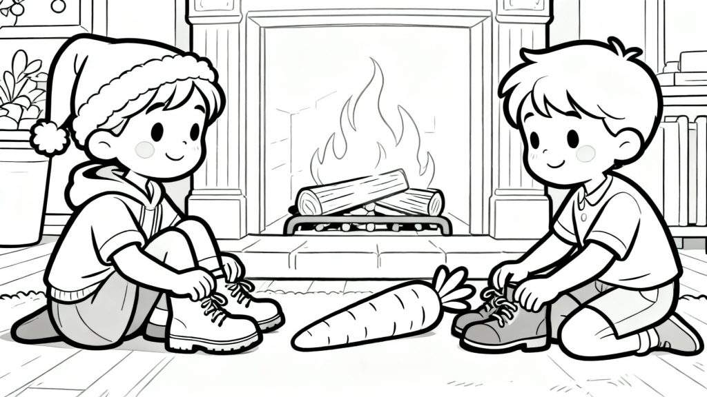 Kleurplaat van twee blije jongetjes die hun schoenen strikken met een grote wortel ertussen, voor een brandende open haard. Eén jongen draagt winterkleding, de ander zomerkleding. De plaat heeft een Sinterklaasthema.