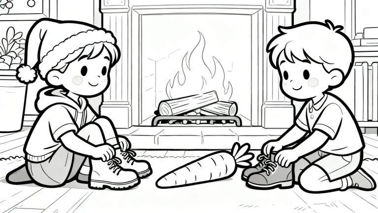 Kleurplaat van twee blije jongetjes die hun schoenen strikken met een grote wortel ertussen, voor een brandende open haard. Eén jongen draagt winterkleding, de ander zomerkleding. De plaat heeft een Sinterklaasthema.
