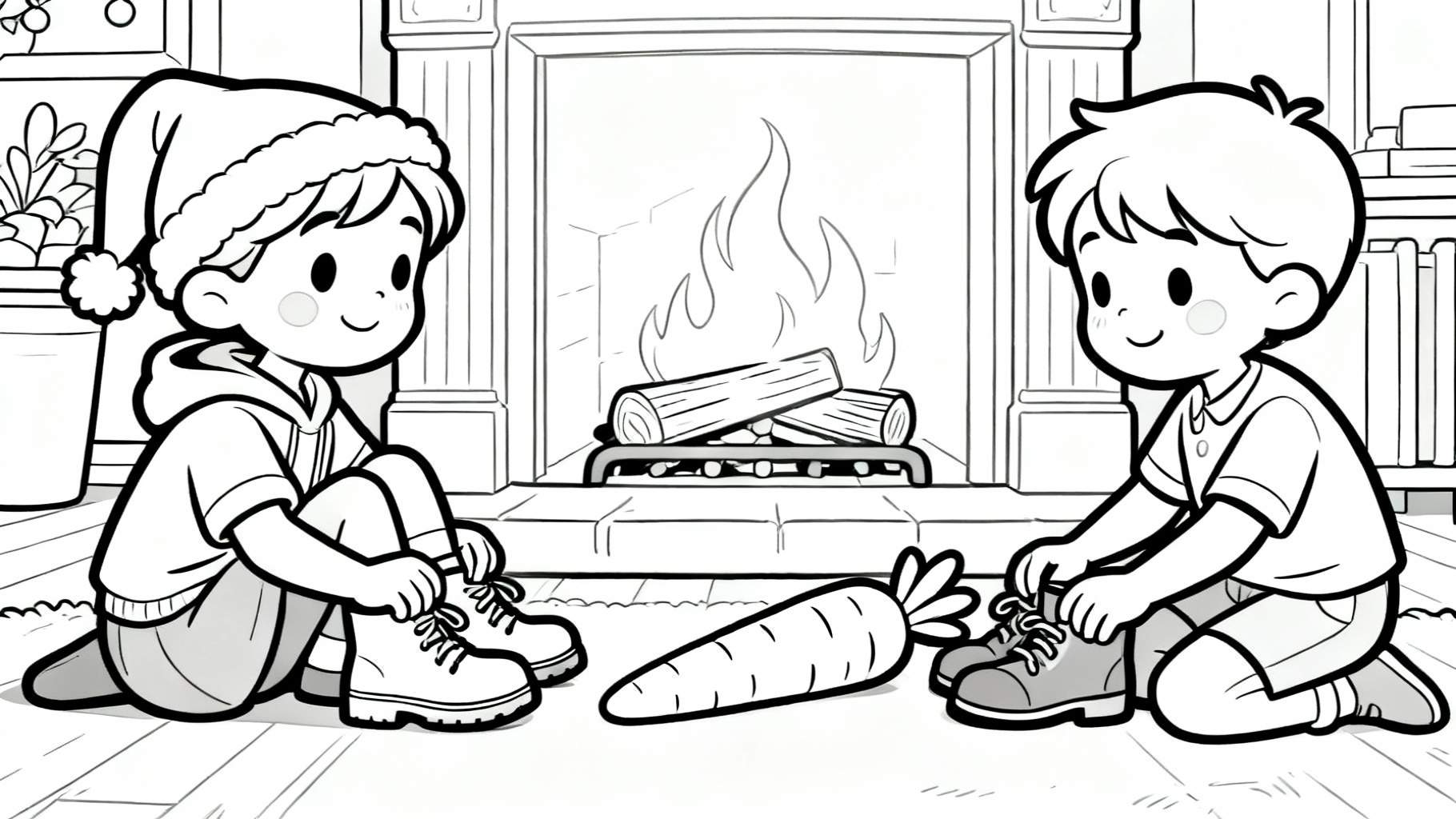 Kleurplaat van twee blije jongetjes die hun schoenen strikken met een grote wortel ertussen, voor een brandende open haard. Eén jongen draagt winterkleding, de ander zomerkleding. De plaat heeft een Sinterklaasthema.