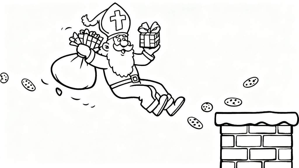 Zwart-wit kleurplaat van een lachende Sinterklaas die zweeft boven een schoorsteen, met een zak vol cadeaus, een klein pakje en vallende pepernoten.