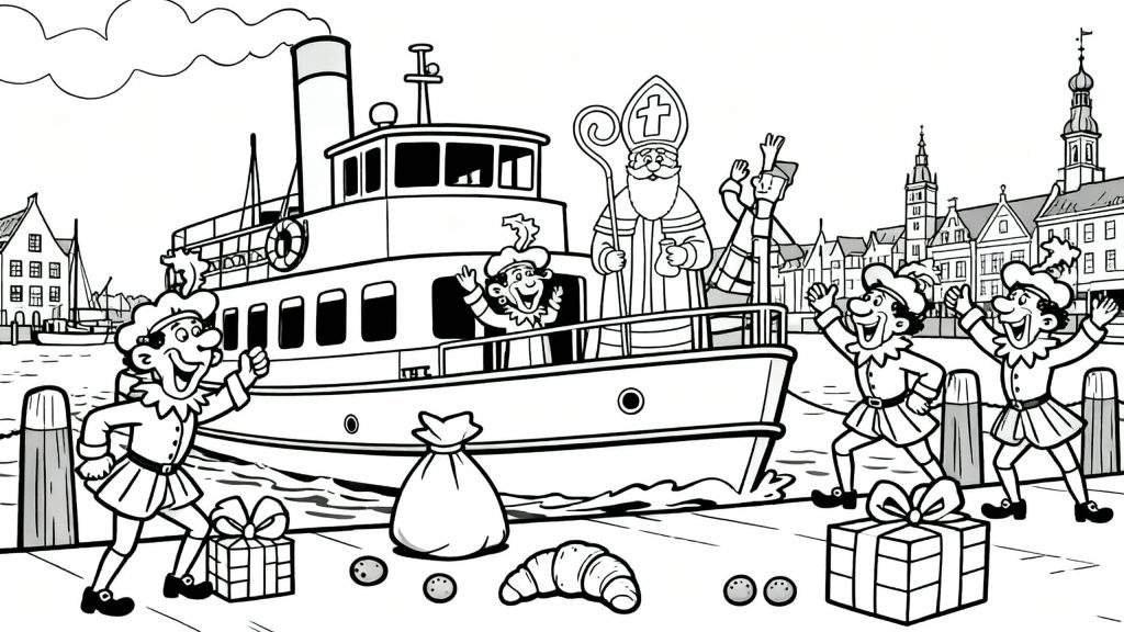 Zwart-wit kleurplaat van Sinterklaas die met zijn pakjesboot vol Pieten en cadeaus aanmeert in een feestelijke Nederlandse haven, met juichende Pieten op de kade en een stadje op de achtergrond.