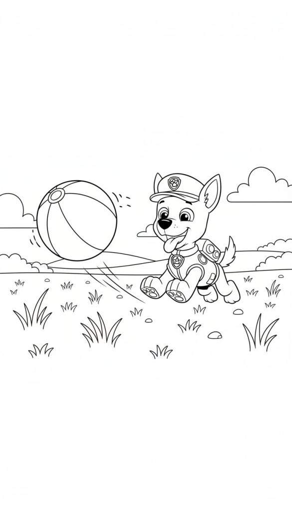 Kleurplaat van Chase van Paw Patrol, lachend spelend met een gestreepte bal in een grasveld met heuvels op de achtergrond.
