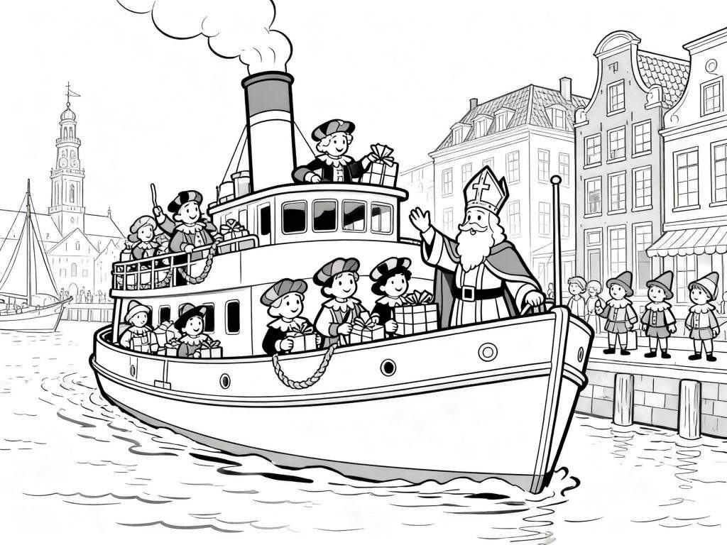Kleurplaat van Sinterklaas die met zijn stoomboot vol Pieten en cadeaus aankomt in een Nederlandse stad met grachtenpanden, een kerktoren en wachtende mensen aan de kade.