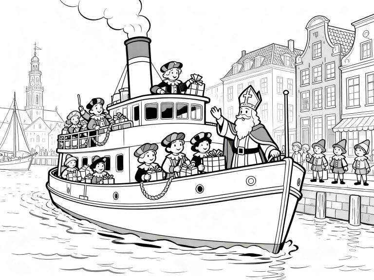 Kleurplaat van Sinterklaas die met zijn stoomboot vol Pieten en cadeaus aankomt in een Nederlandse stad met grachtenpanden, een kerktoren en wachtende mensen aan de kade.