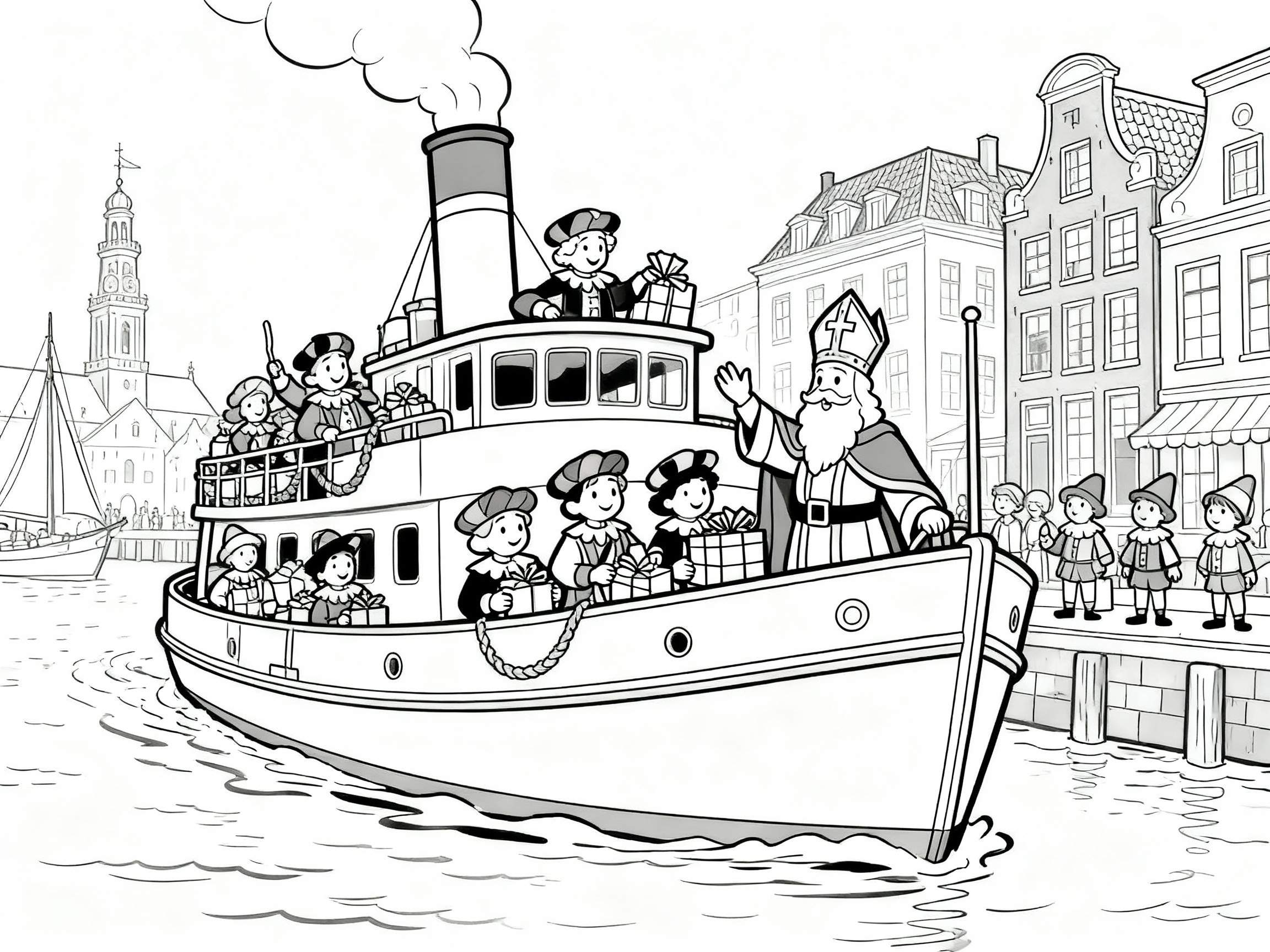 Kleurplaat van Sinterklaas die met zijn stoomboot vol Pieten en cadeaus aankomt in een Nederlandse stad met grachtenpanden, een kerktoren en wachtende mensen aan de kade.