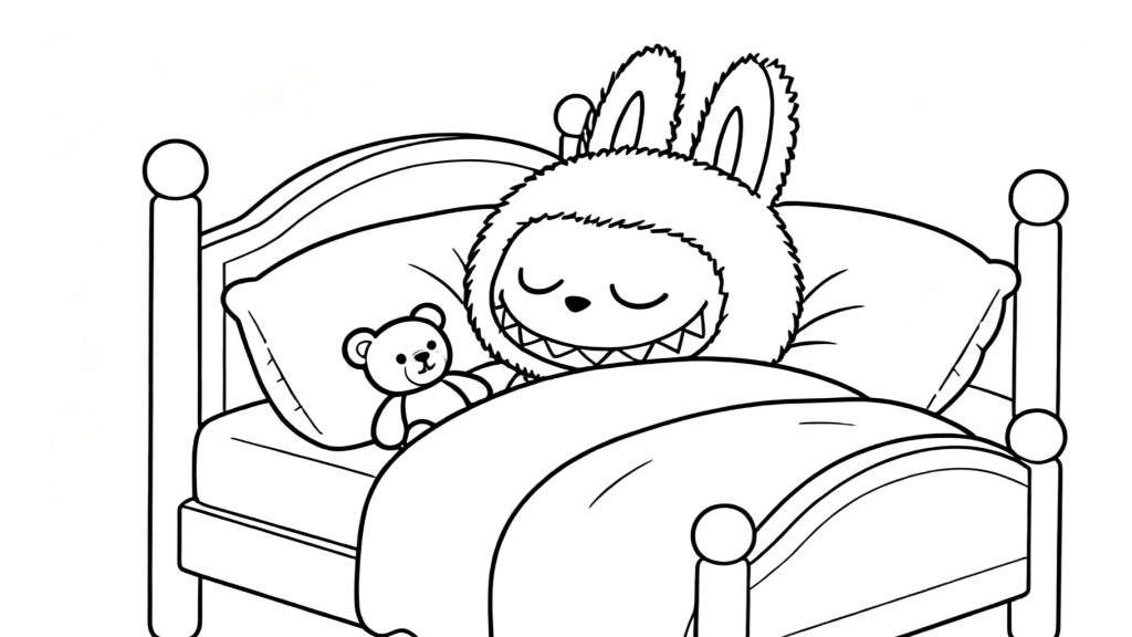 Zwart-wit kleurplaat van Labubu, een pluizig konijnachtig monster, slapend in bed met gesloten ogen, een glimlach met puntige tanden, en een kleine teddybeer naast hem. De scène is vredig en lieflijk.