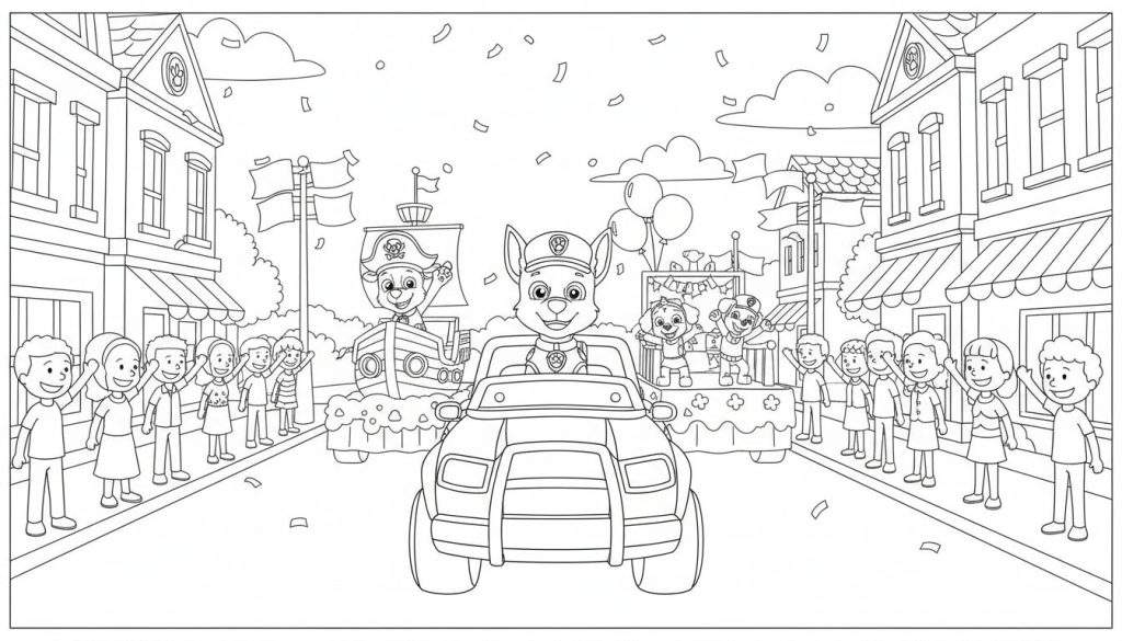 Zwart-wit Paw Patrol kleurplaat van een feestelijke optocht. Chase rijdt in zijn politiewagen, gevolgd door praalwagens met Zuma als piraat en Skye en Rubble, terwijl kinderen langs de kant juichen en confetti valt.