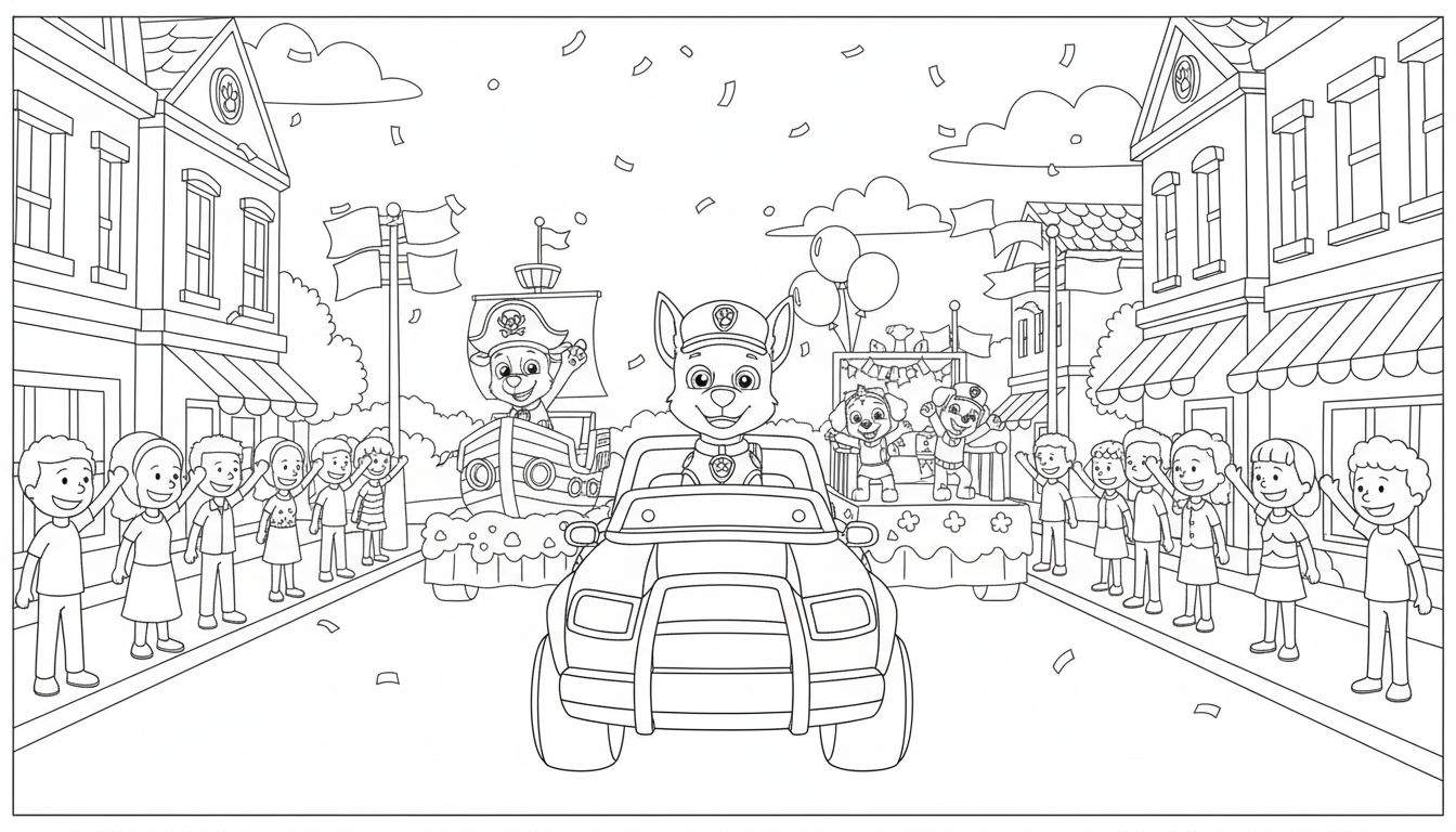 Zwart-wit Paw Patrol kleurplaat van een feestelijke optocht. Chase rijdt in zijn politiewagen, gevolgd door praalwagens met Zuma als piraat en Skye en Rubble, terwijl kinderen langs de kant juichen en confetti valt.