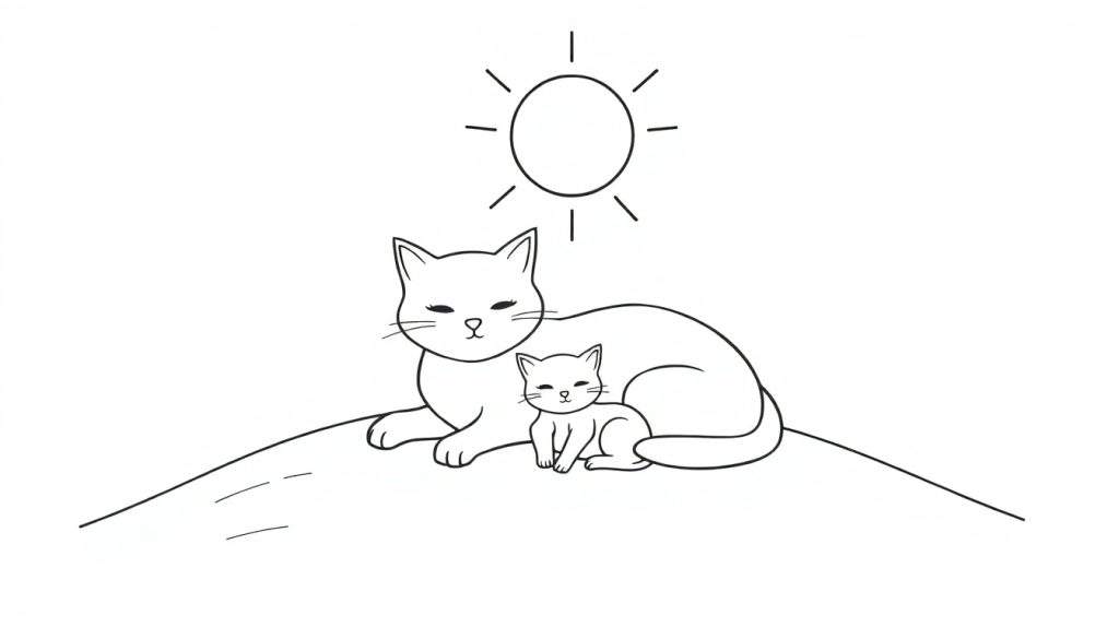 Kleurplaat van een grote, slapende kat met een klein kitten dat tegen haar aan leunt, onder een zon met stralen.