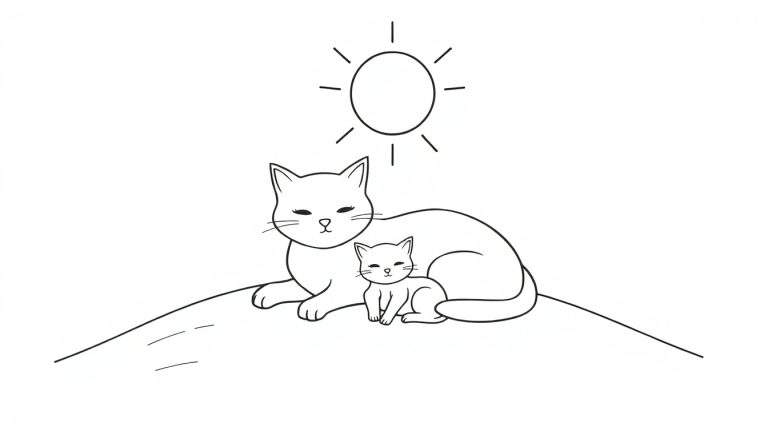 Kleurplaat van een grote, slapende kat met een klein kitten dat tegen haar aan leunt, onder een zon met stralen.