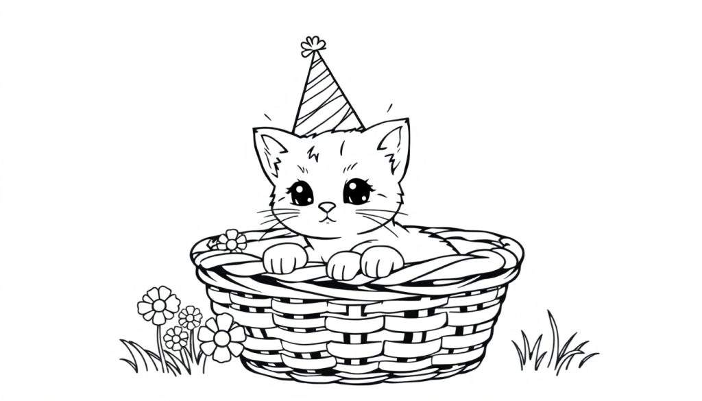 Zwart-wit tekening van een schattig katje met grote ogen en snorharen, zittend in een gevlochten mand en dragend een gestreepte feestmuts met een pluimpje. Rondom de mand bloemen en gras.