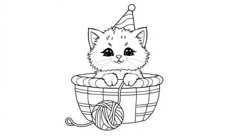 Kleurplaat van een schattig cartoon katje in een mand met feestmuts en bol wol.