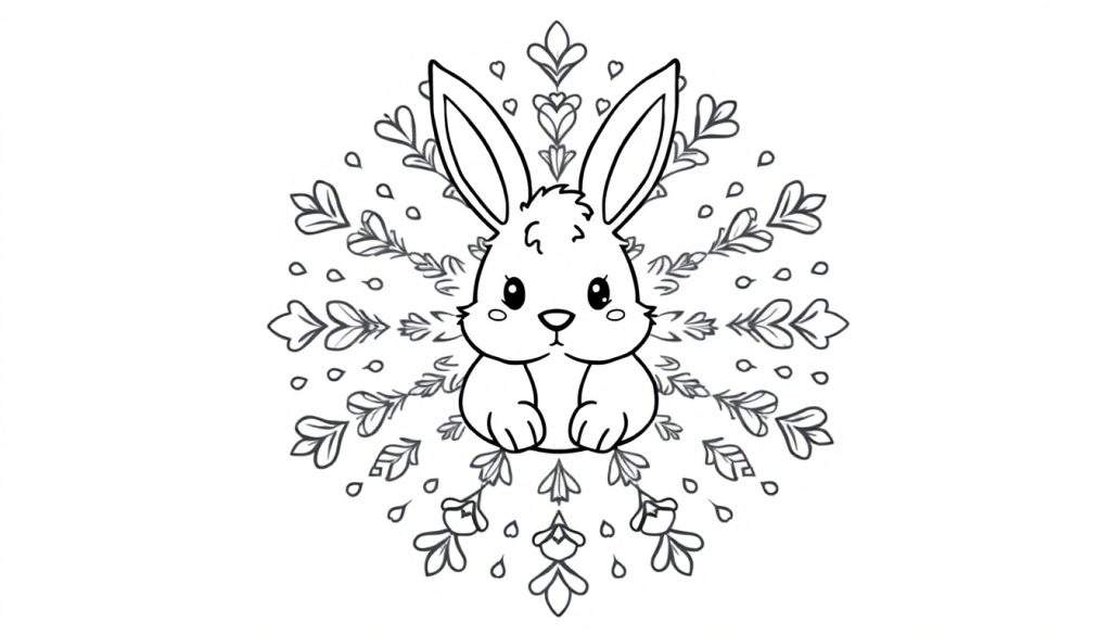 Zwart-witte kleurplaat van een schattig konijntje in het midden van een symmetrisch bloemenmandala.