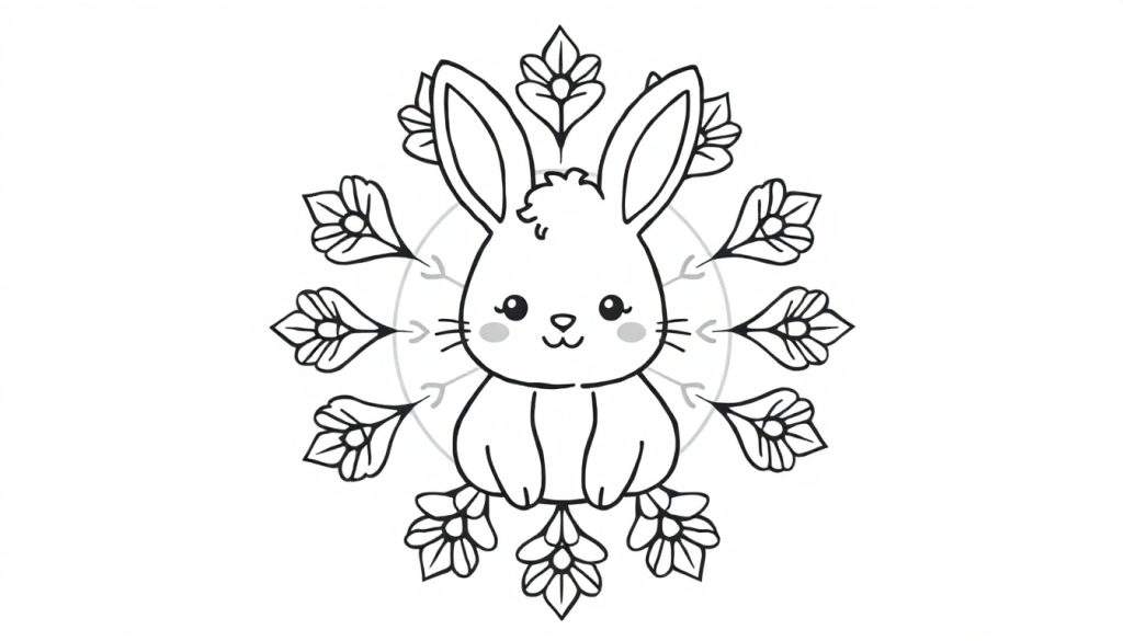 Een zwart-witte lijntekening van een lief konijntje dat rechtop zit, omringd door een decoratief, mandala-achtig patroon met bladeren of bloemblaadjes en kleine grijze pijltjes op de achtergrond.