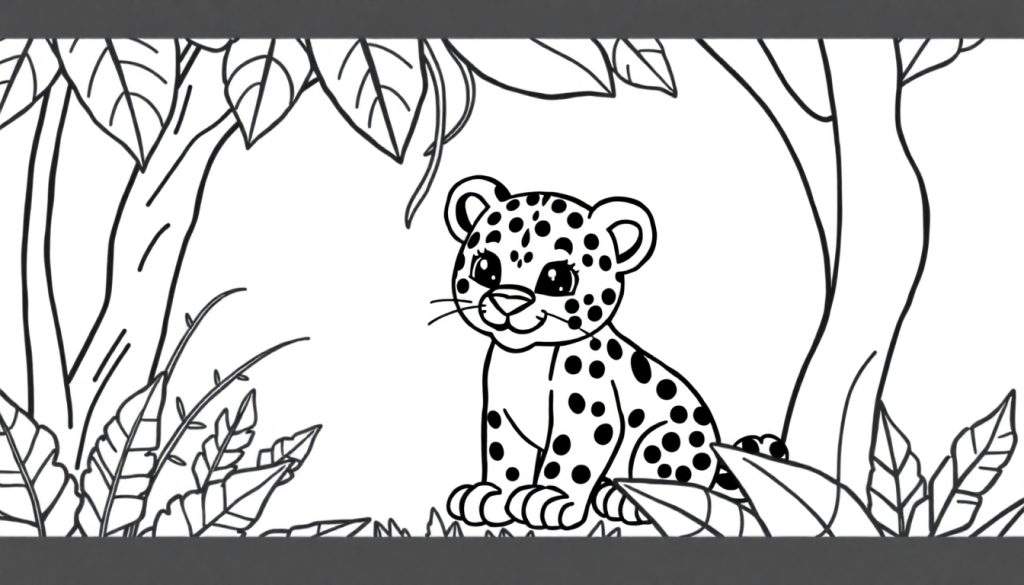 Een schattige zwart-wit tekening van een luipaardwelpje dat zit, omringd door bladeren en boomstammen, klaar om ingekleurd te worden.
