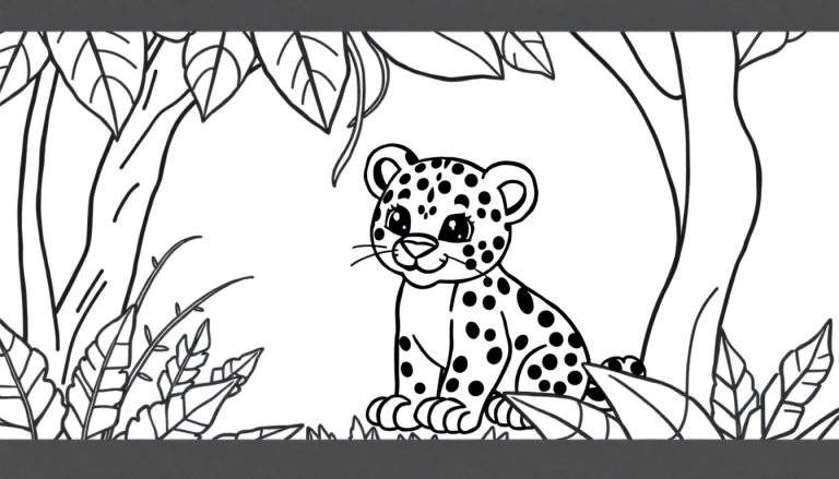 Een schattige zwart-wit tekening van een luipaardwelpje dat zit, omringd door bladeren en boomstammen, klaar om ingekleurd te worden.