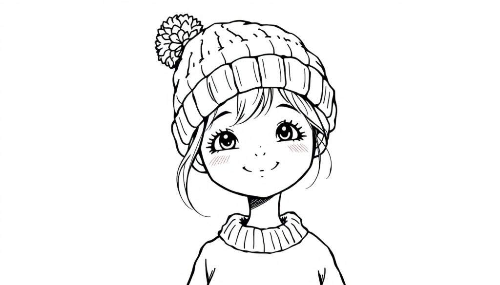 Zwart-wit lijntekening van een schattig jong meisje met een gebreide wintermuts met pompon, grote ogen, glimlach en hoge coltrui, op effen witte achtergrond.