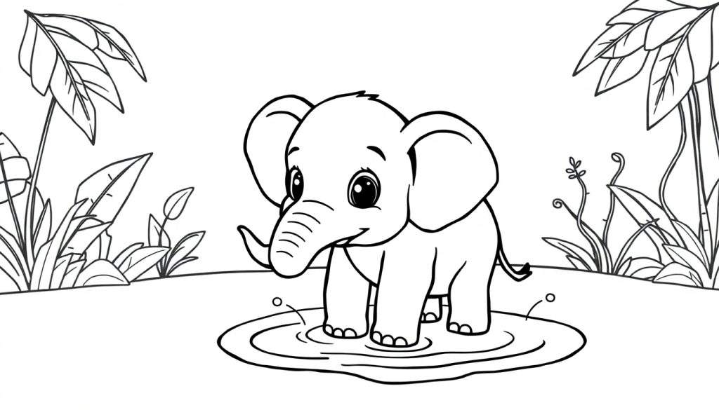 Kleurplaat van een jong olifantje met grote oren en lieve ogen dat in een plas water staat, omringd door junglebladeren.