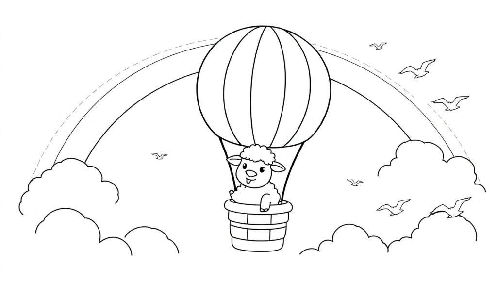 Kleurplaat van een schattig schaap dat uit de mand van een heteluchtballon kijkt, met een regenboog en wolken op de achtergrond.