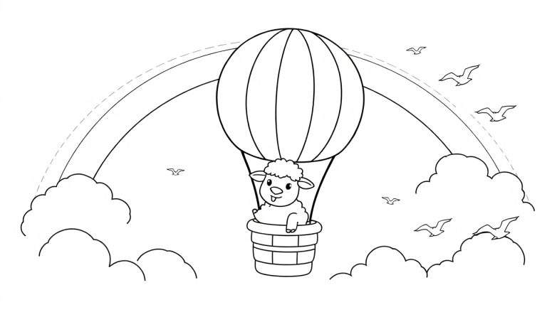 Kleurplaat van een schattig schaap dat uit de mand van een heteluchtballon kijkt, met een regenboog en wolken op de achtergrond.