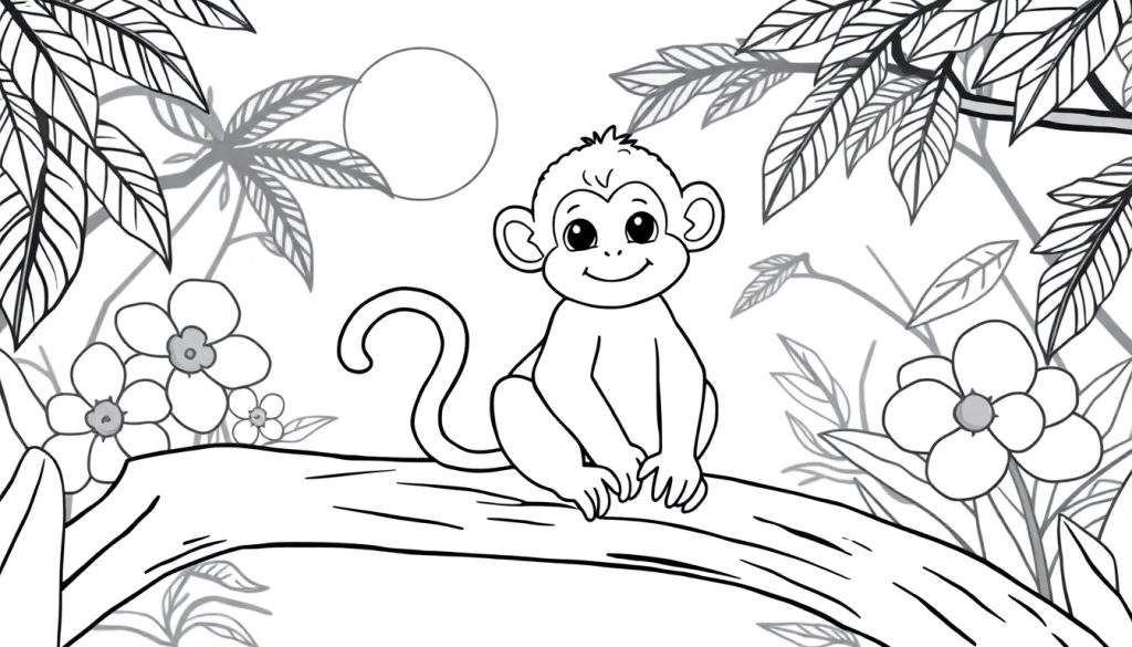 Zwart-wit lijntekening van een schattig, lachend aapje dat op een boomtak zit in een jungle vol bladeren en bloemen. Een cirkel symboliseert de zon of maan.