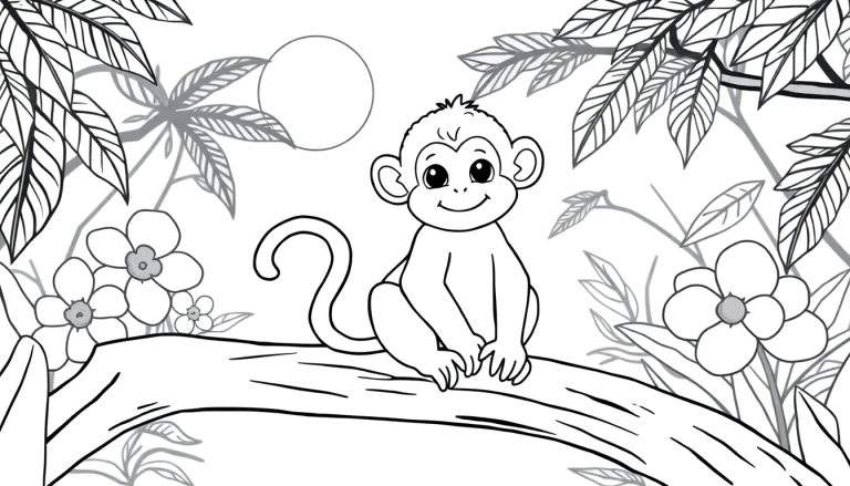 Zwart-wit lijntekening van een schattig, lachend aapje dat op een boomtak zit in een jungle vol bladeren en bloemen. Een cirkel symboliseert de zon of maan.