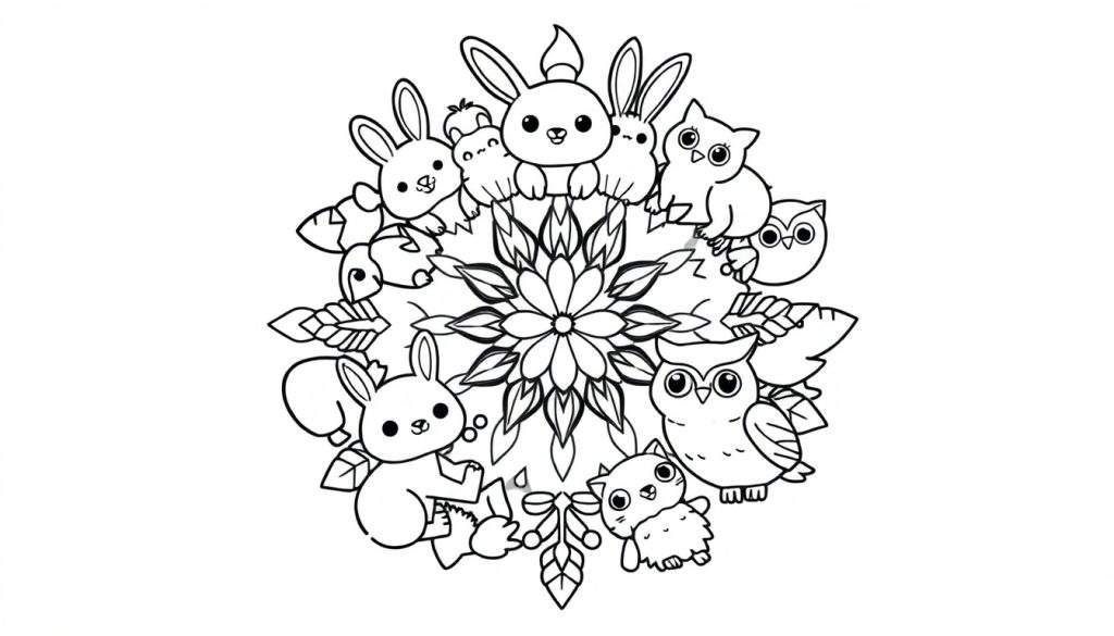 Zwart-wit kleurplaat met een centrale bloem/mandala, omringd door kawaii-stijl bosdieren zoals konijnen, uilen, een hamster, eekhoorn en poesje, met decoratieve blaadjes.
