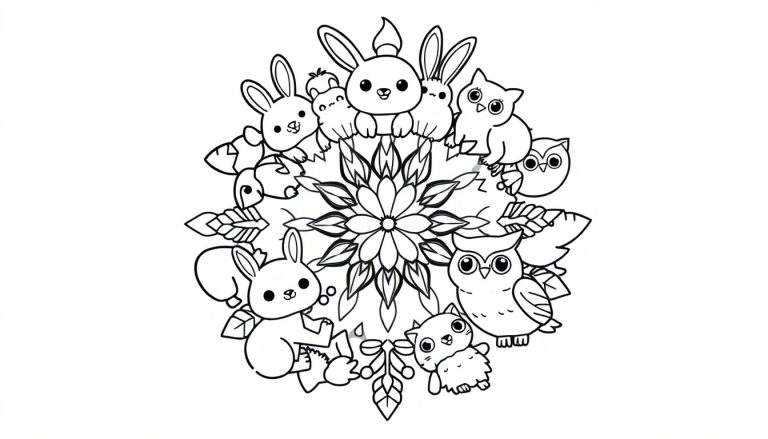 Zwart-wit kleurplaat met een centrale bloem/mandala, omringd door kawaii-stijl bosdieren zoals konijnen, uilen, een hamster, eekhoorn en poesje, met decoratieve blaadjes.
