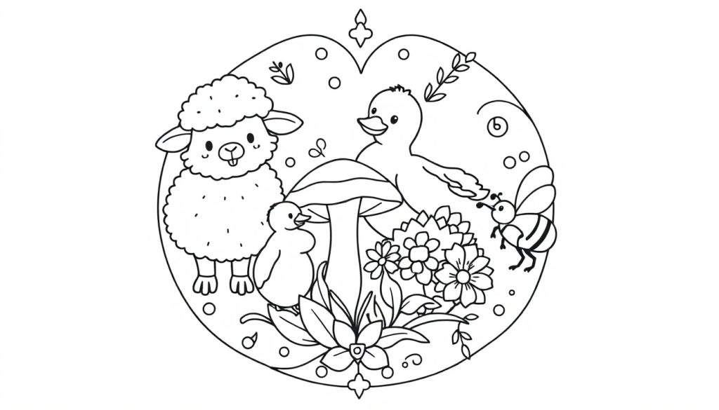 Kleurplaat met een schaap, eend, kuikentje, bij, grote paddenstoel, bloemen en planten binnen een decoratieve rand.