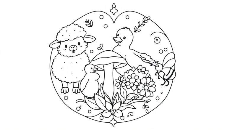 Kleurplaat met een schaap, eend, kuikentje, bij, grote paddenstoel, bloemen en planten binnen een decoratieve rand.