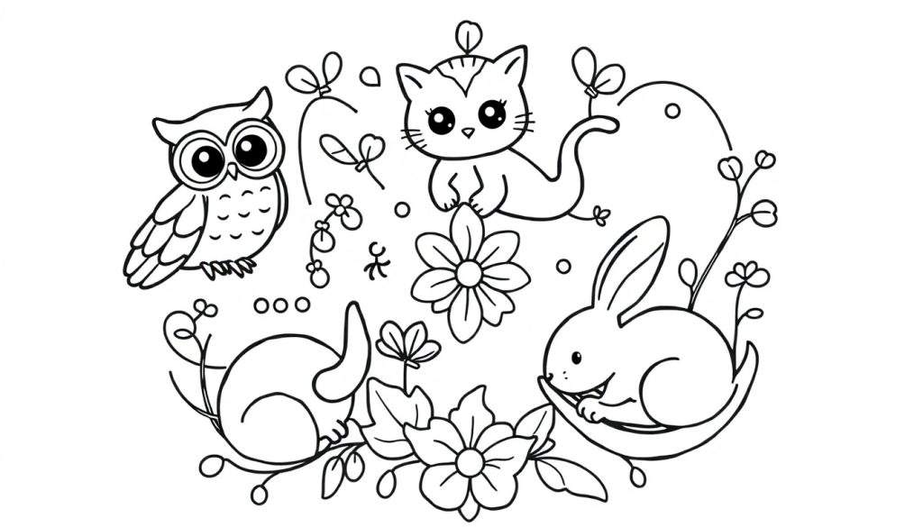Zwart-wit lijntekening van schattige dieren: uil, katje en konijntjes in een natuurlijke omgeving met bloemen en bladeren, klaar om ingekleurd te worden.