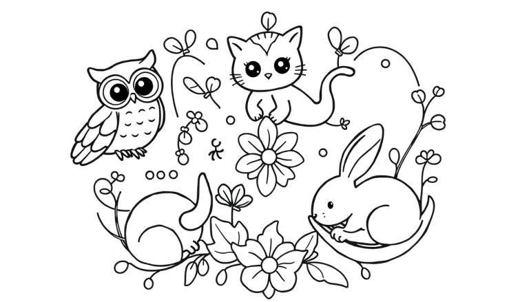 Zwart-wit lijntekening van schattige dieren: uil, katje en konijntjes in een natuurlijke omgeving met bloemen en bladeren, klaar om ingekleurd te worden.