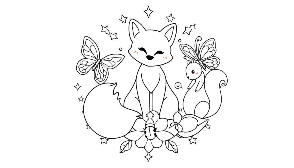Zwart-wit tekening van een schattige vos met gesloten oogjes, een vlinder die vliegt, een eekhoorn met een vlinder op zijn hoofd, een lieveheersbeestje op een bloem, en zwevende sterretjes, allemaal in een cirkelvormige compositie.