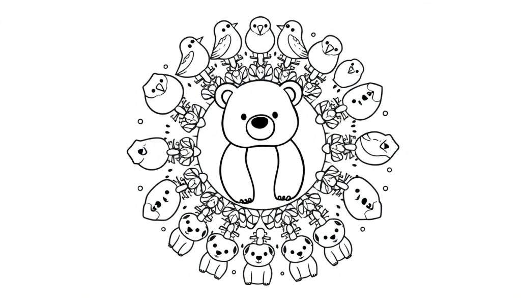 Zwart-wit lijntekening van een mandala met een centrale beer, omringd door vogeltjes, kleine beertjes en kuikentjes.