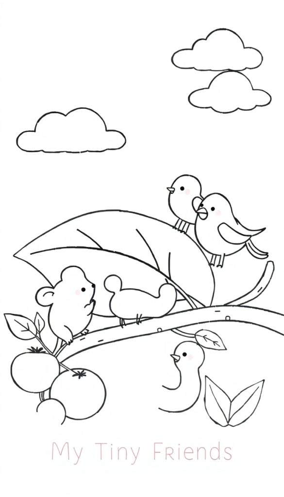 Zwart-wit kleurplaat van een muisje, twee kuikentjes en twee vogeltjes op een boomtak met bladeren en vruchten. De tekst 'My Tiny Friends' staat onderaan.