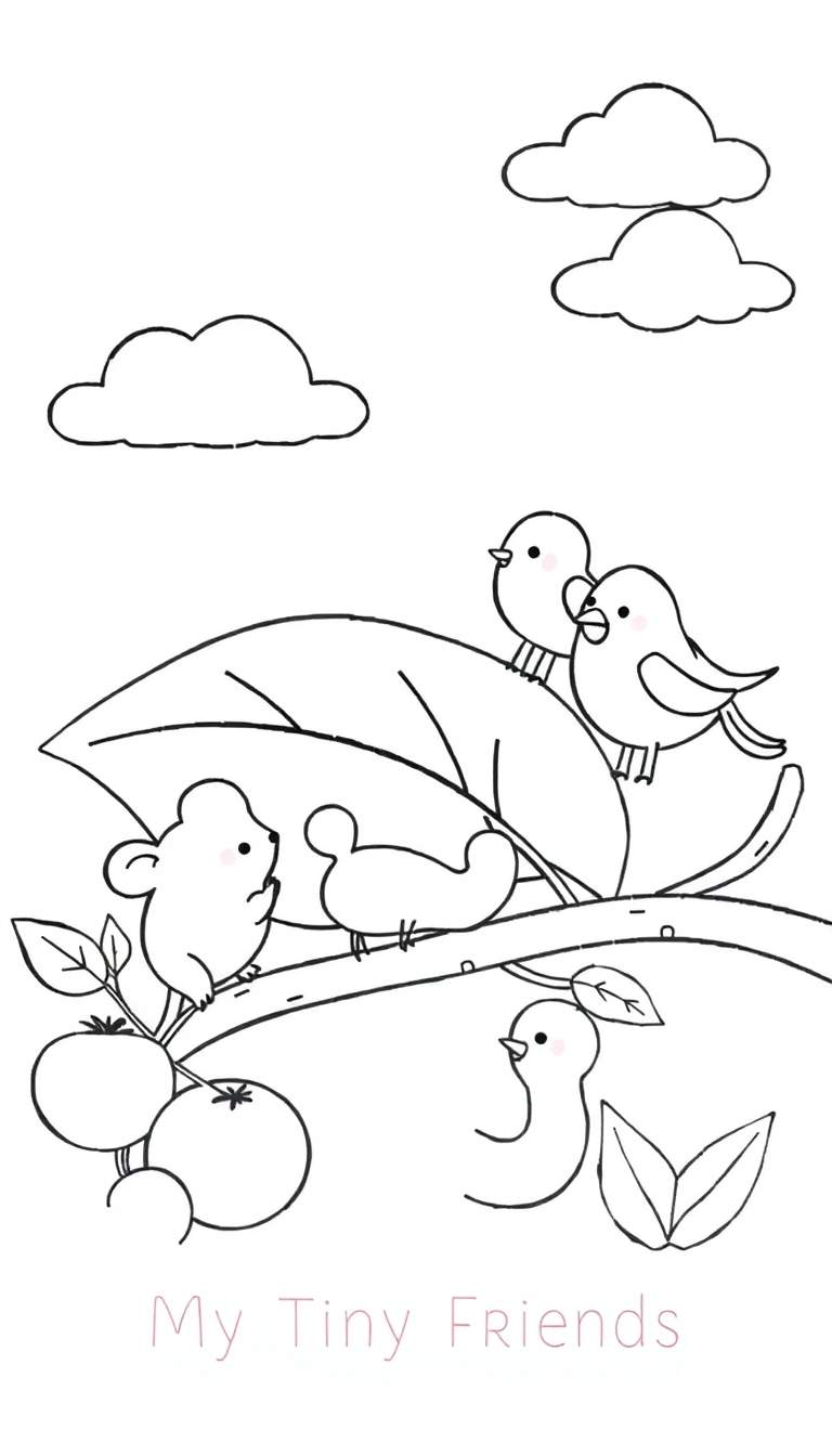 Zwart-wit kleurplaat van een muisje, twee kuikentjes en twee vogeltjes op een boomtak met bladeren en vruchten. De tekst 'My Tiny Friends' staat onderaan.