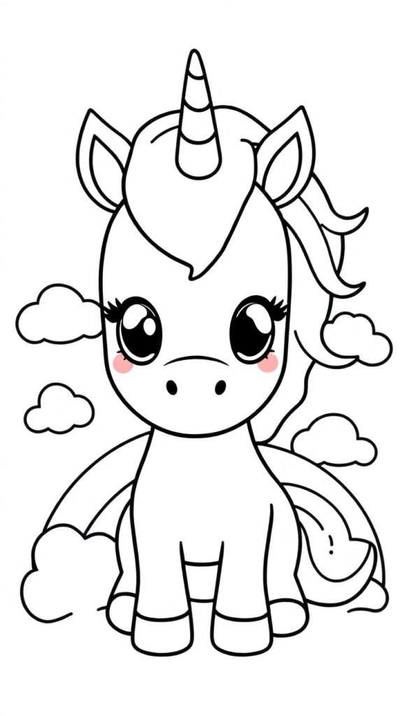 Zwart-wit lijntekening van een schattige eenhoorn met een regenboog en wolkjes, klaar om ingekleurd te worden.