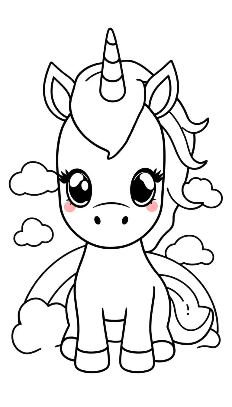 Zwart-wit lijntekening van een schattige eenhoorn met een regenboog en wolkjes, klaar om ingekleurd te worden.
