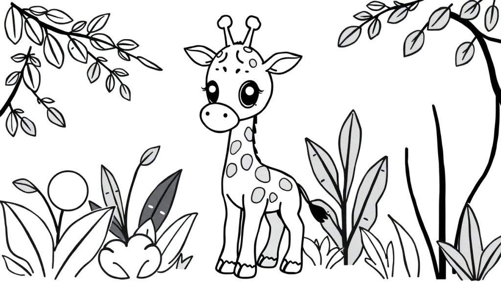 Zwart-wit kleurplaat van een schattige, jonge giraf die recht naar voren kijkt, omringd door bladeren en planten. Sommige vlekken en bladeren zijn al lichtgrijs ingekleurd.