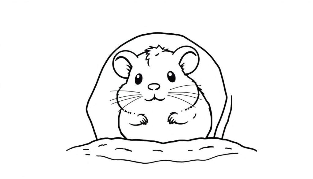 Kleurplaat van een schattige hamster met grote oren die vriendelijk uit zijn hol kijkt.