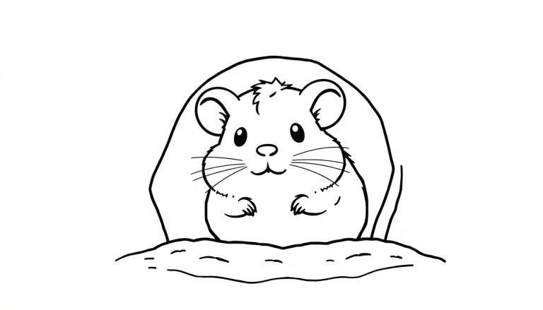 Kleurplaat van een schattige hamster met grote oren die vriendelijk uit zijn hol kijkt.