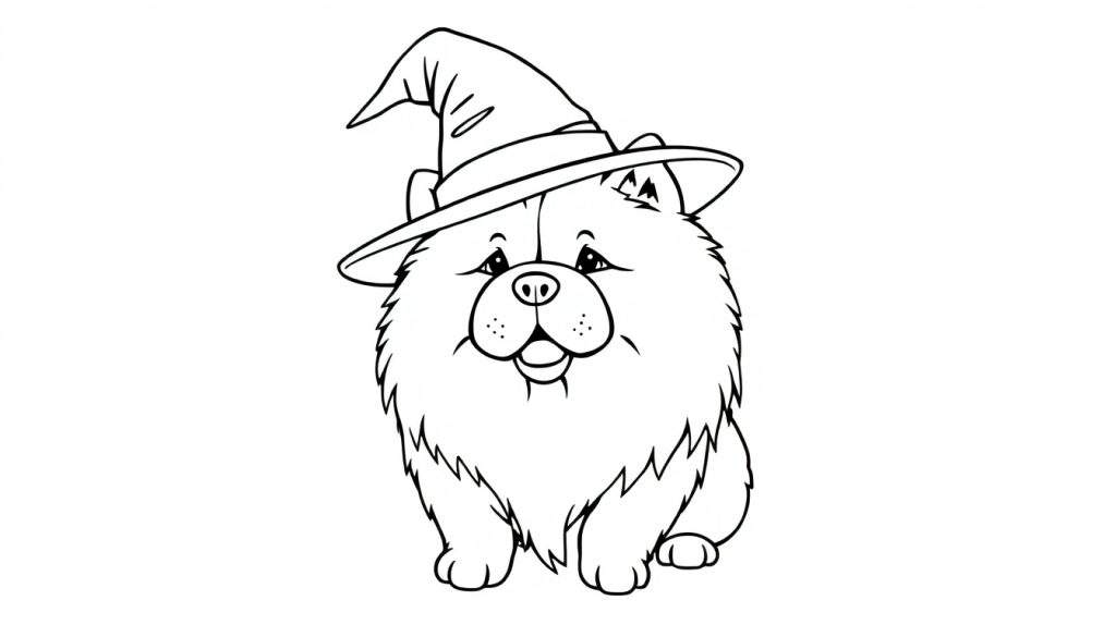 Zwart-witte lijntekening van een pluizige hond met een puntige heksenhoed, die vrolijk glimlacht.