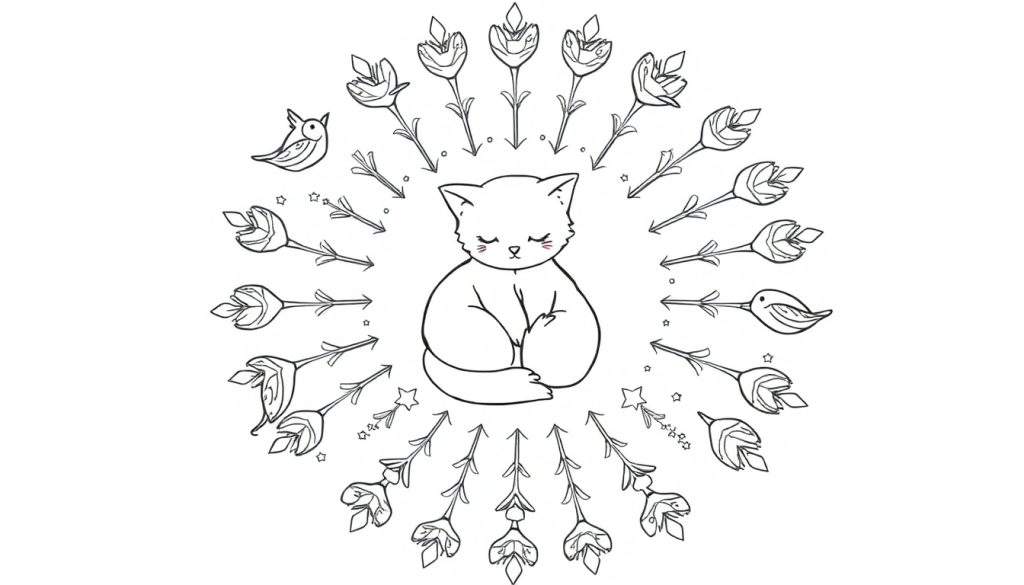 Zwart-wit lijntekening van een schattige, zittende kat met gesloten ogen en roze blosjes, omringd door een cirkel van pijlen, bloemen, vogels, sterretjes en stipjes.
