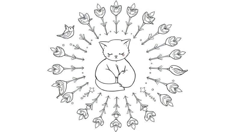 Zwart-wit lijntekening van een schattige, zittende kat met gesloten ogen en roze blosjes, omringd door een cirkel van pijlen, bloemen, vogels, sterretjes en stipjes.