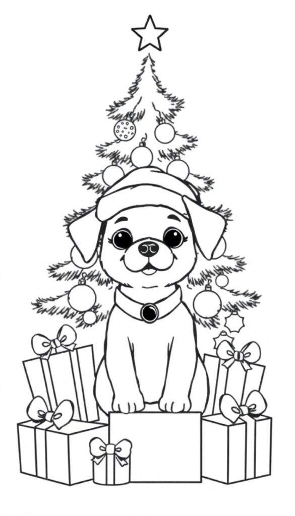 Zwart-wit tekening van een schattige puppy met kerstmuts en grote ogen, voor een kerstboom vol met kerstballen en kerstster, omringd door ingepakte cadeautjes met strikken.