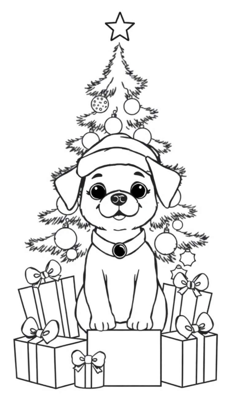 Zwart-wit tekening van een schattige puppy met kerstmuts en grote ogen, voor een kerstboom vol met kerstballen en kerstster, omringd door ingepakte cadeautjes met strikken.